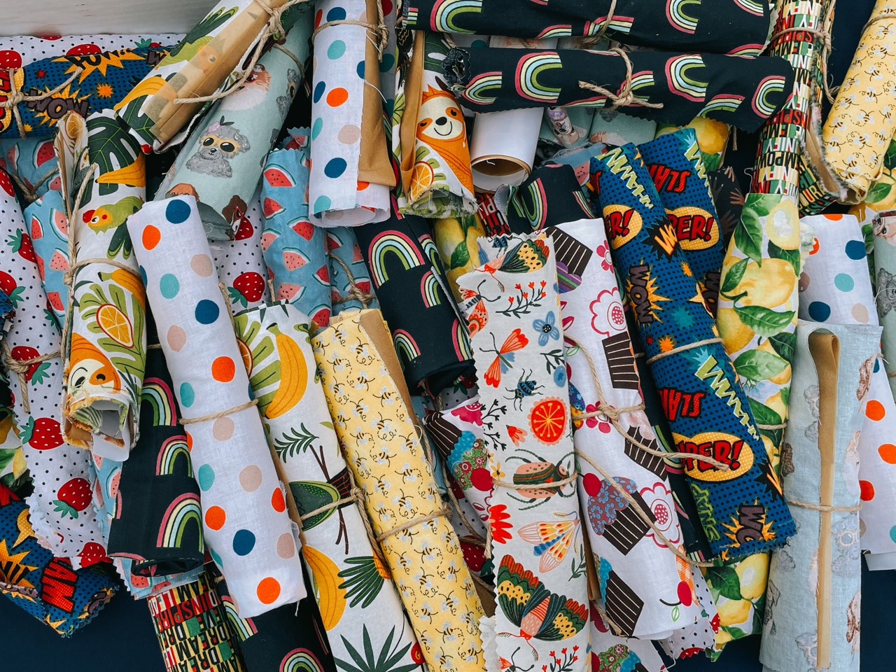 Rolls of different patterned fabrics